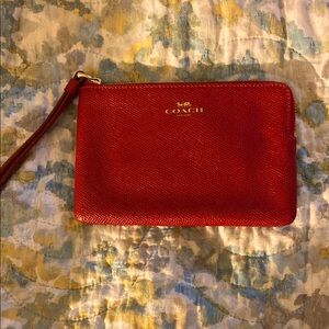 Red Coach Wristlet with Gold tone Zipper and Logo